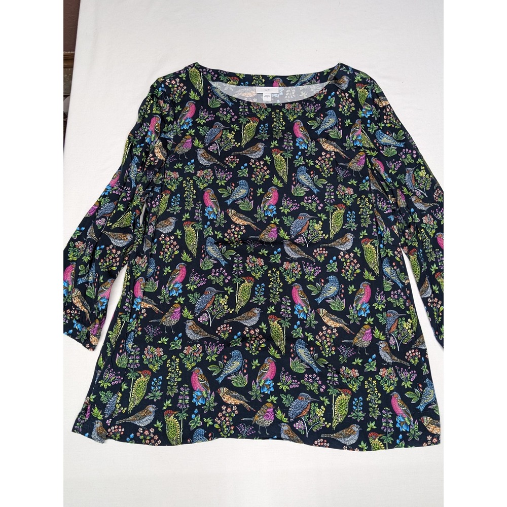 J. Jill Women Black Bird Floral Print EcoVero Viscose Boat Neck Top M